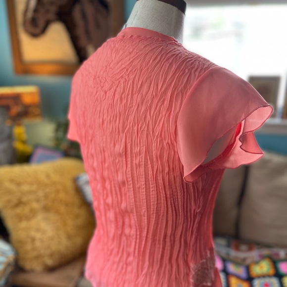 y2k Top Crinkle Chiffon Wrinkle Blouse Flutter Cap Sleeve Ruffles Lace - Picture 8 of 16